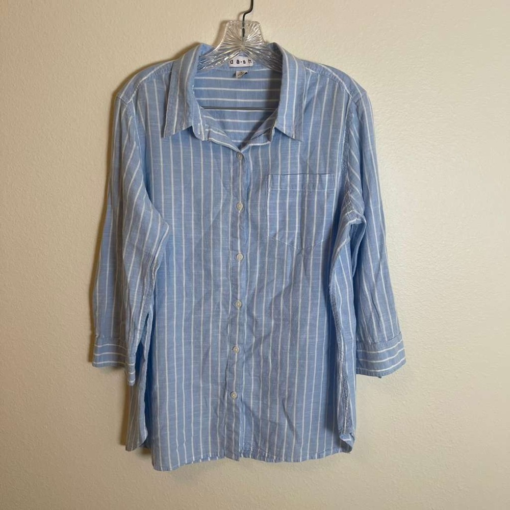Dash Womens Blue White Striped 100% Cotton Button Down 3/4 Sleeve Shirt‎ Large